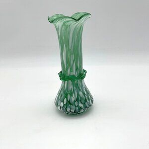 Green and White Ruffled Edge Vintage Confetti Murrhina Glass 5.5 inch Bud Vase